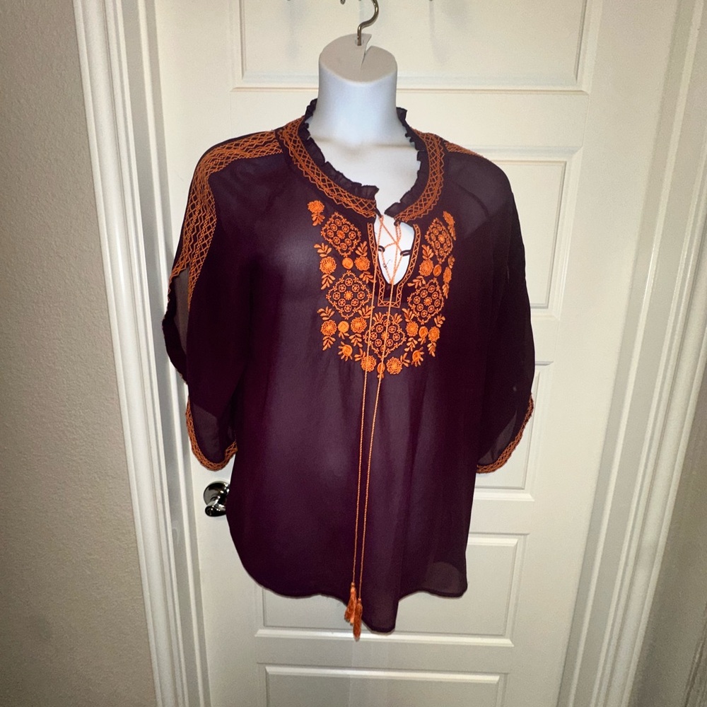 Ivy Jane Sheer Blouse with Orange Embroidery
